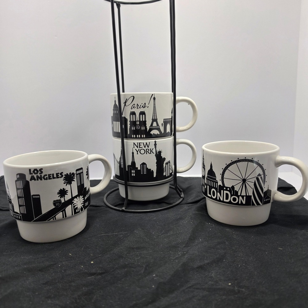 Stacking City Skyline Mugs Set of 4 with Metal Rack New York Paris London LA